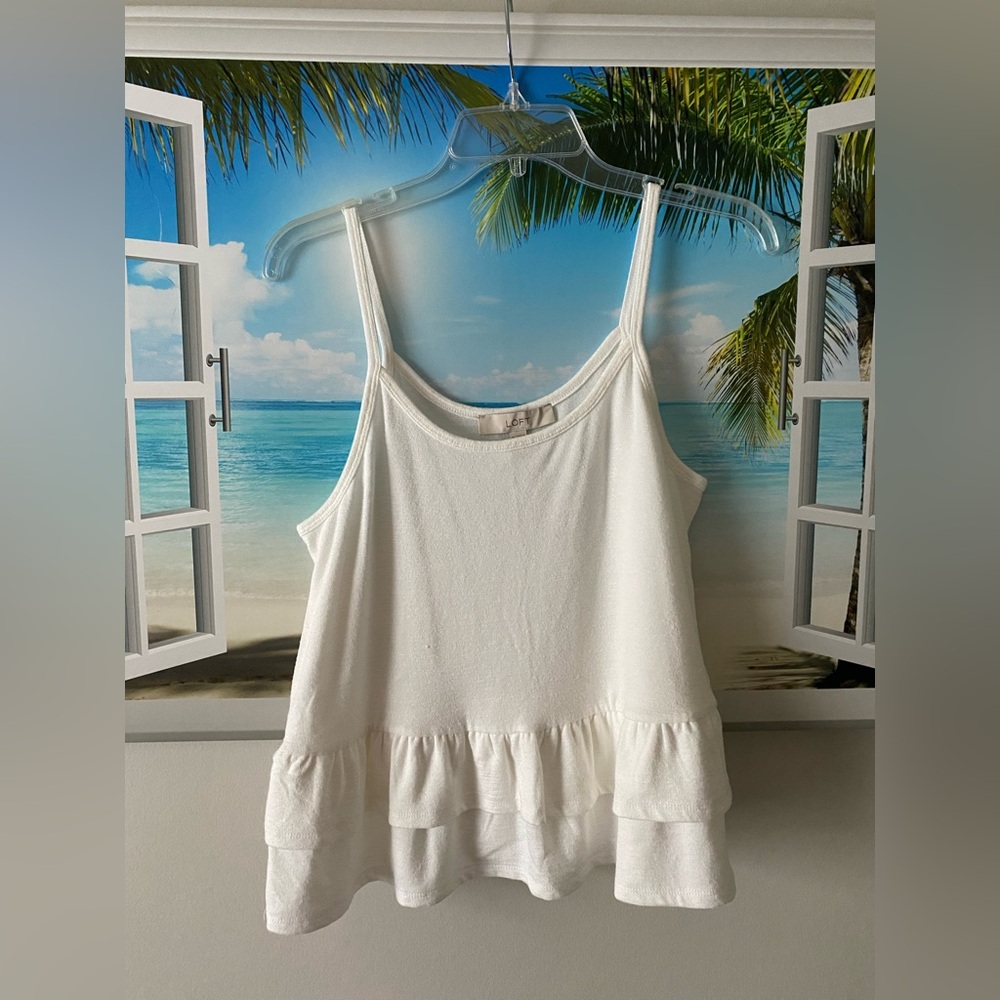 NWT LOFT off white spaghetti strap ruffle hem Top Size M